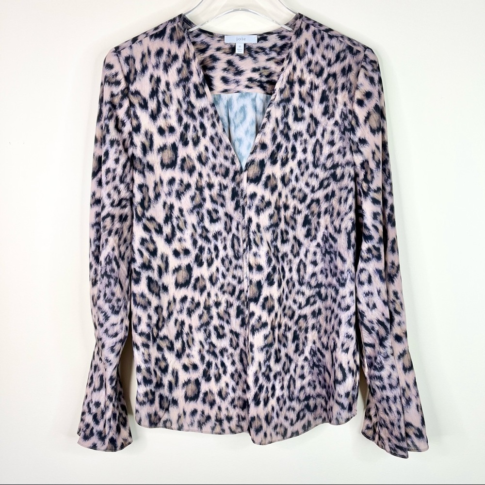 Joie Leopard Animal Print Bell Flare Sleeve V Neck Long Sleeve Blouse Size M